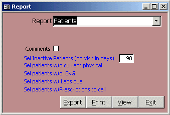 Medical Office application custom report menu